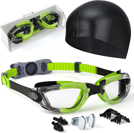 Kids Swim Goggles, Swimming Goggles for Kids Toddlers 3-14 with Swim Cap, Nose Clip, Nose Bridge, Ear Plugs