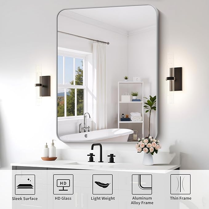 FORBATH 36x48 Inch Silver Bathroom Mirror for Over Sink, Large Rectangular Wall Mirror with Metal Frame, Rounded Corners for Bathroom, Bedroom, Entryway Decor (Horizontal or Vertical)