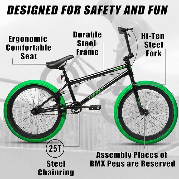 Freestyle BMX Bike, 20 Inch Yaphet Bicycle for Teen Beginner and Adult Riders, Bike with Hi-Ten Steel Frame, Multiple Colors