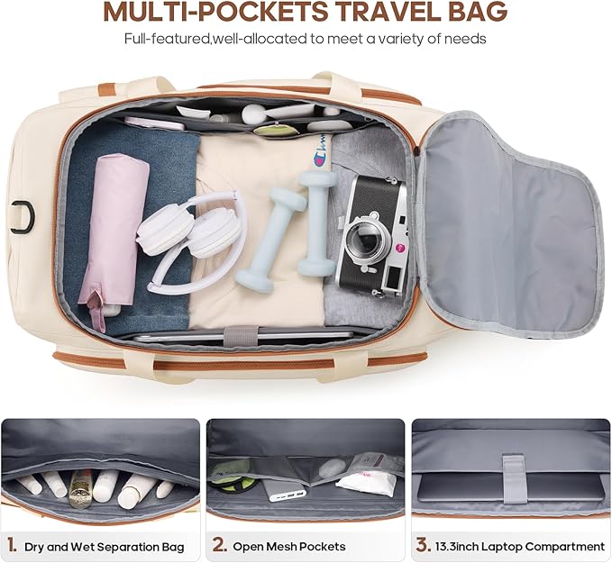 Gym Bag for Men and Women with Shoe & Laptop Compartment, 3-in-1 Sports Travel Duffel Bag Anti-Theft Weekender Carry-On Backpack for Airplane & Workout, Overnight Travel Bag,35L (Beige, Medium)