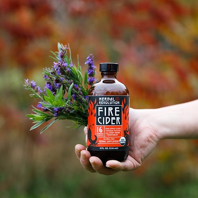 Herbal Revolution Fire Cider Apple Cider Vinegar - Certified Organic Non-GMO ACV Infused with Ginger, Horseradish, Hot Peppers, Honey, and More - Made Using Regenerative Farming Practices 8 Oz