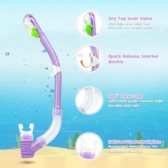 Dry Snorkel for Kids, Ultimate Snorkel Tube for Snorkeling, Freediving & Swimming, Easy-Breath Technology, Top-Mounted Dry Valve & Food-Grade Silicone Mouthpiece