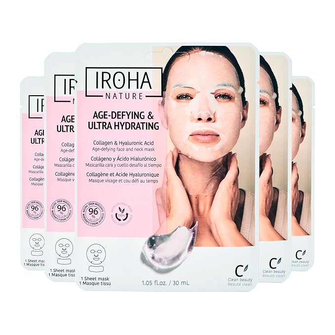 IROHA NATURE Face Masks - Packs for Better Skin (Pack of 5, Anti-Aging Face & Neck Tissue Mask with Collagen (96% Natural Ingredients))