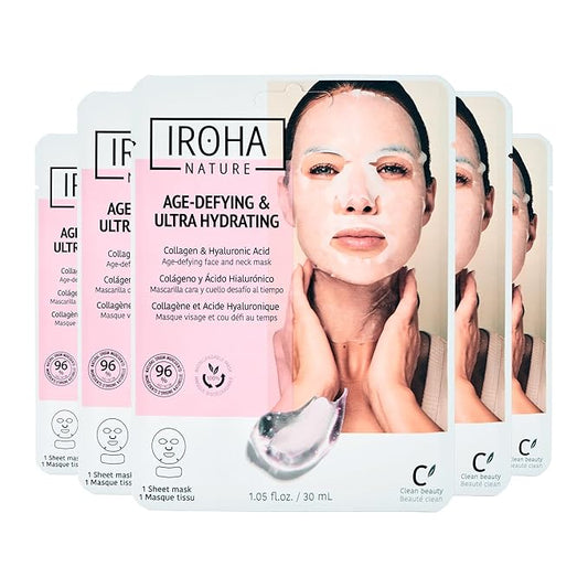 IROHA NATURE Face Masks - Packs for Better Skin (Pack of 5, Anti-Aging Face & Neck Tissue Mask with Collagen (96% Natural Ingredients))