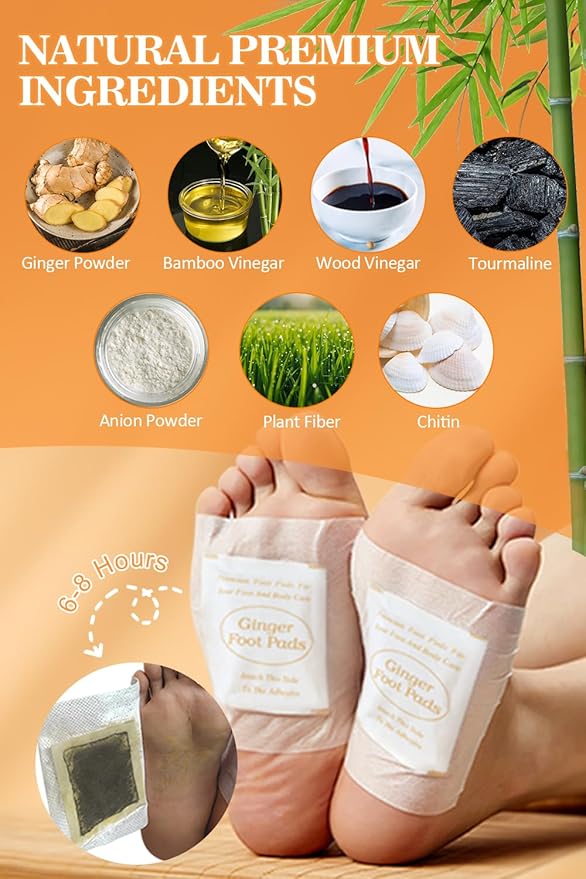 Foot Pads - 60Pads Pure Natural Ginger Powde Bamboo Vinegar Pads, Goodnight Foot Pads for Travel or Home Use