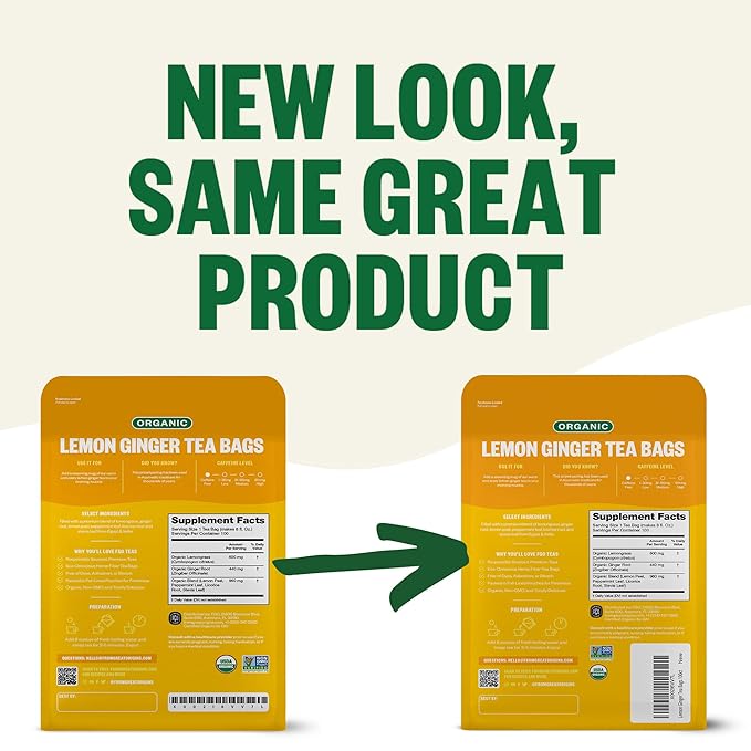 FGO Organic Lemon Ginger Tea, 100 Count, Eco-Conscious Tea Bags, Resealable Bag, Caffeine Free, Packaging May Vary (Pack of 1)