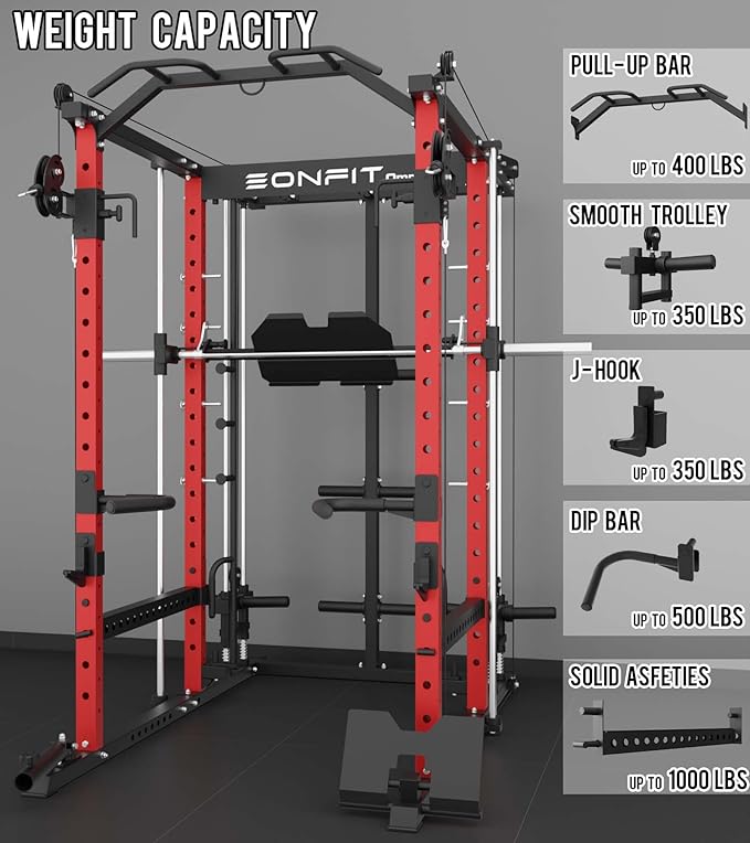 Eonfit E5 Smith Machine with Vertical Leg Press, Power Cage Squat Rack with LAT-Pull Down Cable Crossover Rotating Arms System Home Gym Equipment All in One (E5 RED)