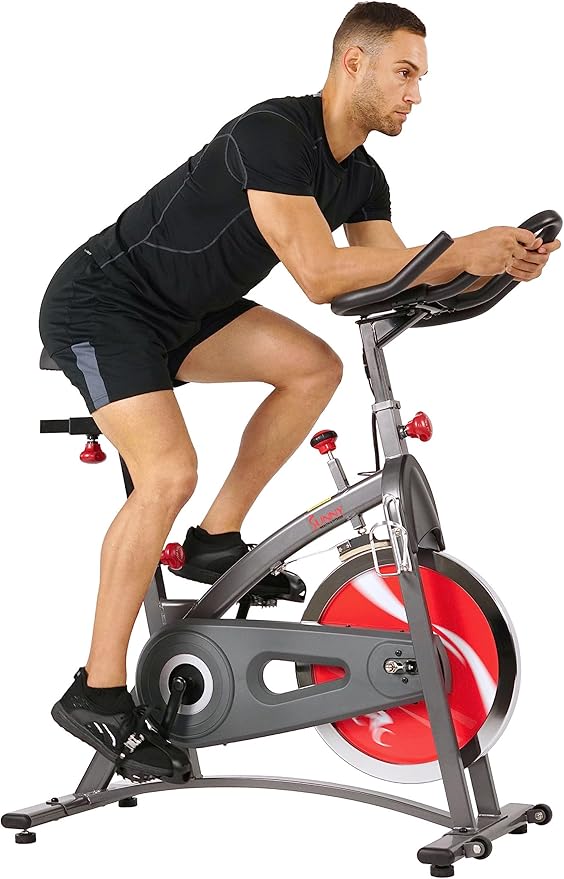 Sunny Health & Fitness Indoor Cycling Exercise Bike w/Adjustable Cushion Seat & Multi-Grip Handlebar, Stationary Workout Equipment For Adult Cardio Training, Optional Free SunnyFit App Connection