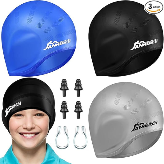 Janmercy 3 Pcs Swim Caps for Boys Girls Silicone Swimming Hat with 3D Ear Pockets for Age 6-15 Bath Hats Short/Long Hair with Ear Plug Nose Clip Supplies