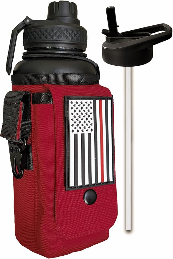 Iron Infidel Battle Bottle - 32 Oz Insulated Water Bottle with Straw Lid & Chug Cap, Stainless Steel Metal Flask Includes Rugged, Removable Sleeve for Keys, Wallet, & Phone (Thin Red Line 1 Liter)