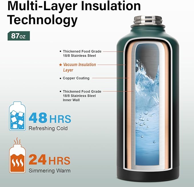 Insulated Water Bottle | Thickened Stainless Steel for Gym and Hiking with Straw, Carrier Bag, Handle Strap | BPA-Free 87 oz