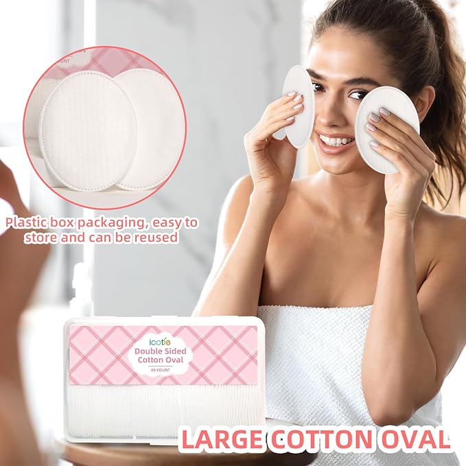Large Oval Cotton Pads, 80 Count, Multi-Layer, Lint-Free, Dual-Sided, Ultra-Soft Cotton Oval Pads for Makeup Removal, Cleansing, and Toner Application