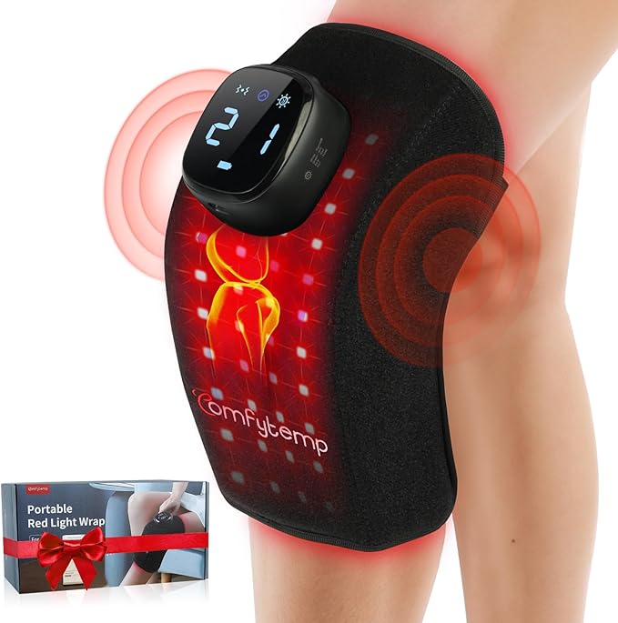 Comfytemp 3D Red Light Therapy Knee Wrap with Vibration Massage, Cordless 5000mAh Heated Knee Massager for Pain Relief, Gifts for Women Men, 660nm&850nm Near Infrared Light Brace for Knee Joint