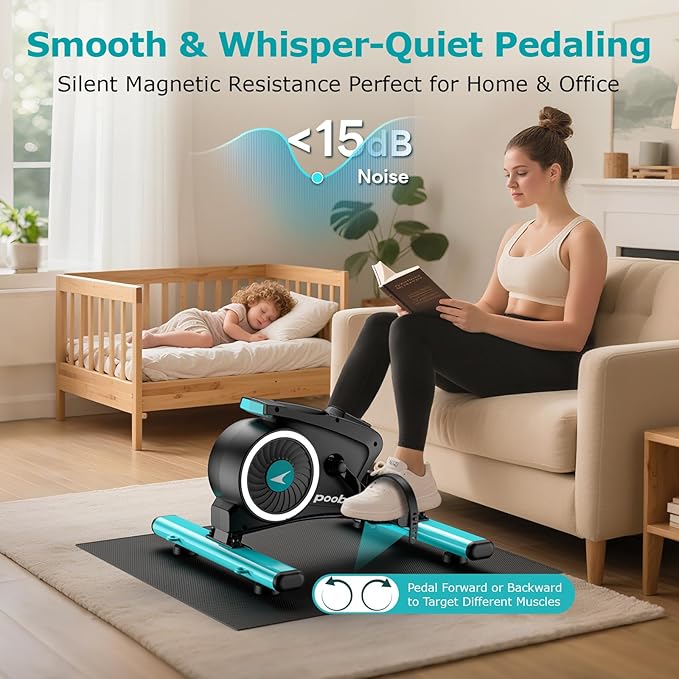 pooboo Under Desk Bike Pedal Exerciser, Quiet Magnetic Mini Exercise Bike with 16 Resistance Levels, Arm & Leg Workout, Resistance Bands & Non-Slip Mat for Home Office Therapy