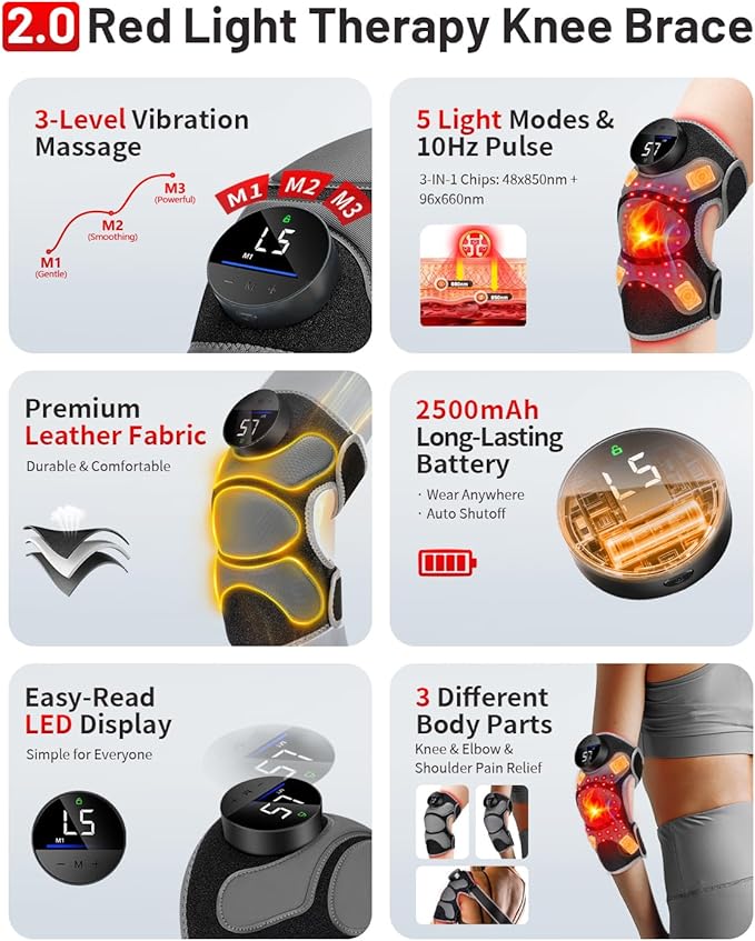 Upgraded PRO Red Light Therapy Knee Brace & 4 Vibration Massage - Wireless Rechargeable Controller, 660nm&850nm Red Light Therapy Heated Device for Knee/Elbow/Shoulder Pain