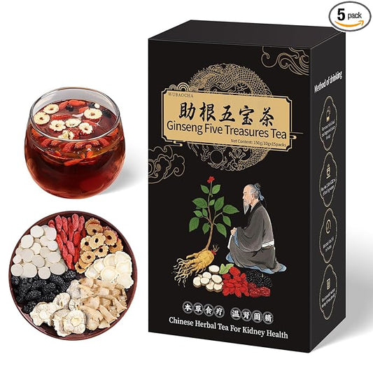 Ginseng Five Treasures Kidney Tea - Chinese Six Treasure Organic Cleanse Detox Tea for Women and Men's Health - 7 Precious Ingredients Formula (15 Bags/1 Boxes)