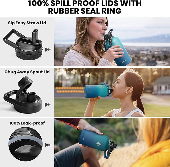 Insulated Water Bottle 64 oz, Triple Wall Vacuum Stainless Steel (Cold for 48 Hrs), Leak Proof & Non-BPA, Half Gallon Water Flask Jug with Paracord Handle & Straw Spout Lids, Cyan Blue