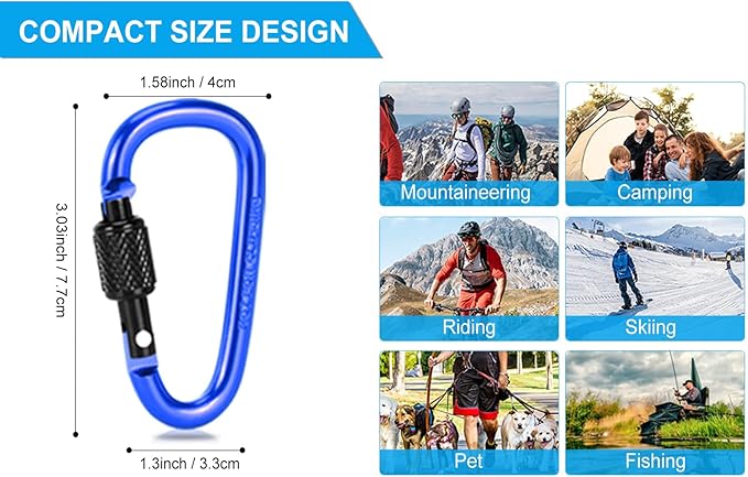 10 Pack Aluminum D Ring Key Rings Hiking Clips Locking Carabiner for Hiking Camping Fishing and Outdoor Use，Clips with Screw Gate Multicolored