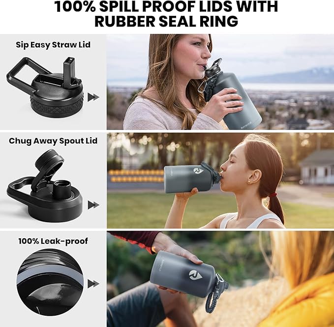 One Gallon Water Bottle Insulated, Triple Walled Vacuum Stainless Steel (Cold for 48 Hrs), Leak Proof & Non-BPA, Large Water Flask Jug with Paracord Handle & Straw Spout Lids