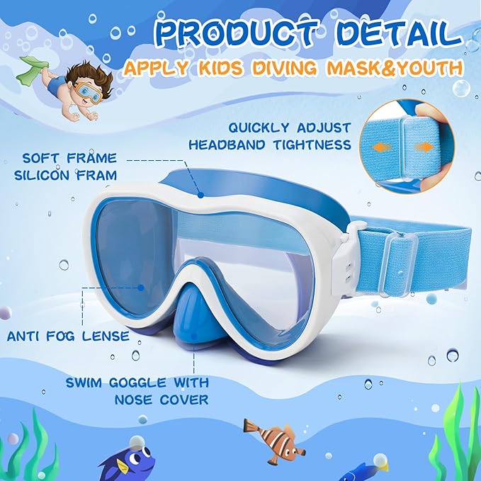 Kids Swim Goggles with Nose Cover, Anti-Leak Swim Mask with Elastic Fabric Strap, UV Protection Swimming Goggles for Kids