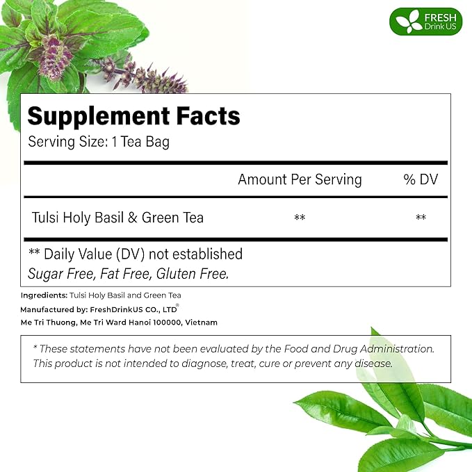 FreshDrinkUS, Premium 135 Tulsi Green Tea Bags, 100% Natural, Blend of Tulsi Holy Basil Leaves, and Green Tea Leaves. Made with Natural Material Tea Bags. No Sugar, Vegan.