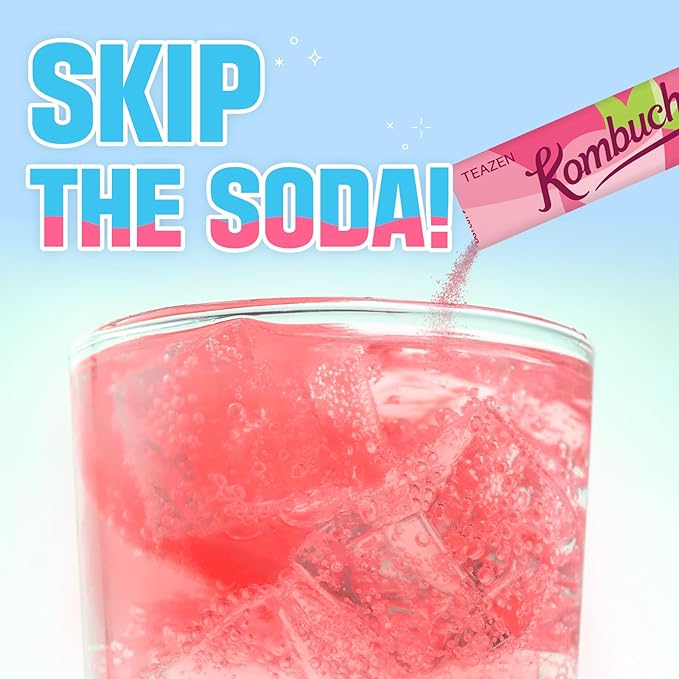 TEAZEN Strawberry Kiwi Kombucha Tea, Hydration Drink Mix, Sugar Free, Live Probiotics & Prebiotics, 10 Sticks, 1.76oz