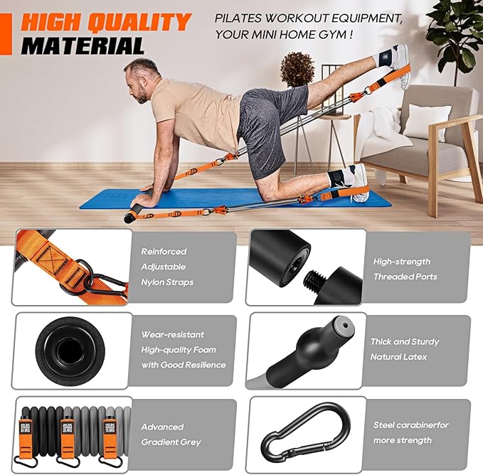 Pilates Bar Kit with Resistance Bands, Heavy Duty Pilates Equipment for Men, Strength Training Bar for Legs, Hip, Back, Arm, Abs, Chest, Shoulders, Portable Home Gym Full Body Workout Equipment