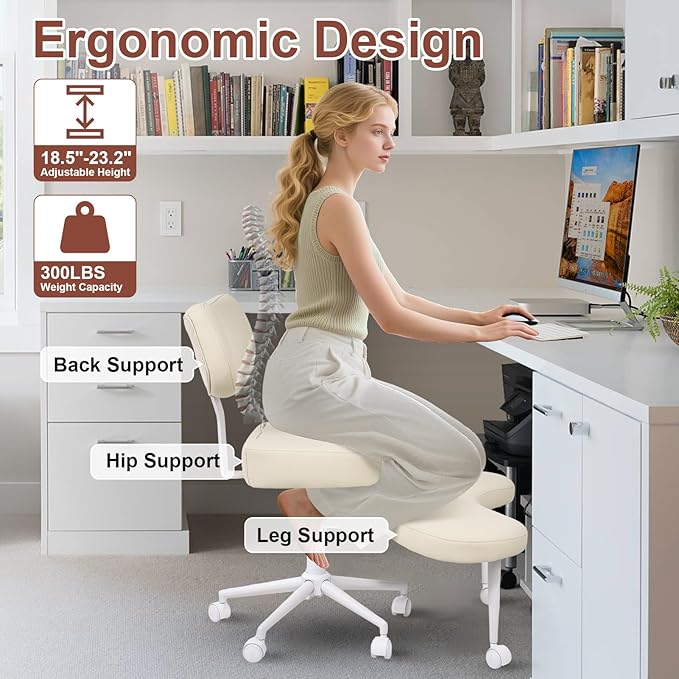 Meditation Chair Cross Legged ADHD Office Chair for Adults with Wheels Ergonomic Back Support and Leg Rest for Multi Position Criss Cross Sitting Kneeling and Yoga Height Adjustable, Leather Style