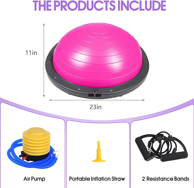Half Balance Ball Trainer with Resistance Bands, Pink, Exercise Ball for Yoga and Stability Training