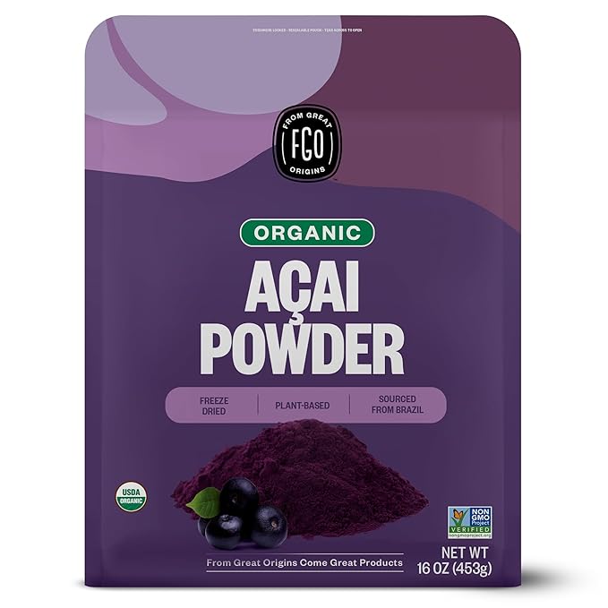 FGO Organic Acai Powder, 1 Pound / 16oz Bulk Resealable Pouch, Freeze Dried Superfood Berry from Brazil, No Sugar & Additives,Great for Drinks, Smoothie, & Beverages, Non-GMO (Pack of 1)