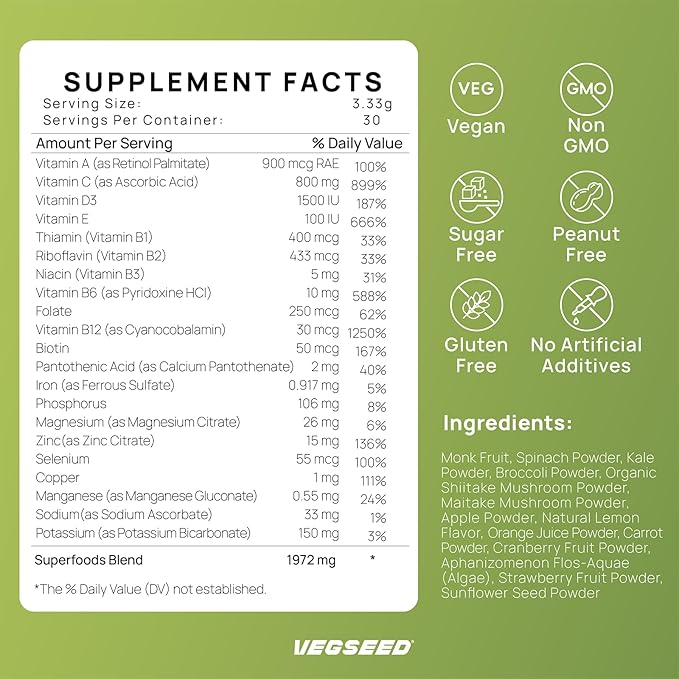 Immunity Greens Superfoods Powder,0 Sugar,21 Vitamins&Minerals,Green Apple,Powder,Immunity,Gut Health,Energy,Stress Relief,Skin,Nails,Hair,Improve Sleep,Overall Health,30SVG,100 Grams
