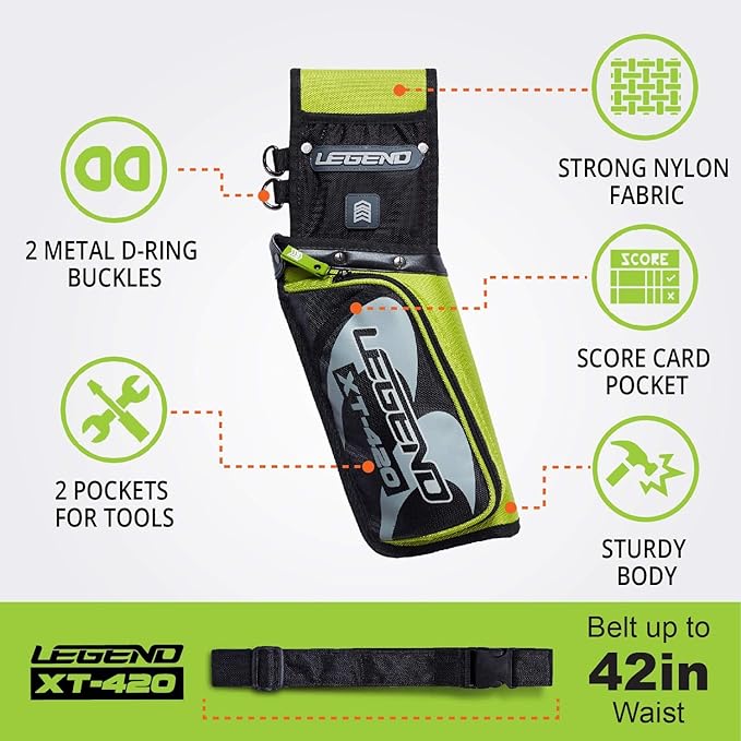 Legend XT420 Field Quiver - Left or Right-Handed Quiver Arrow Holder, Archery Quiver with 3 Arrow Tube, Durable Nylon Hip Quivers with Multiple Pockets for Archery Accessories, Score Card & Tools