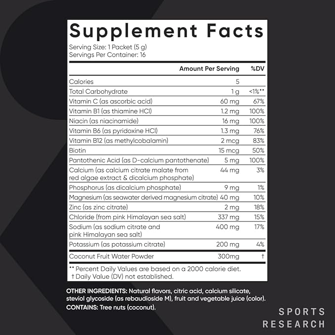 Sports Research® Hydrate Electrolytes Powder Packets - Sugar-Free & Naturally Flavored with Vitamins, Minerals, and Coconut Water - Supports Hydration - 16 Packets - Cherry Pomegranate