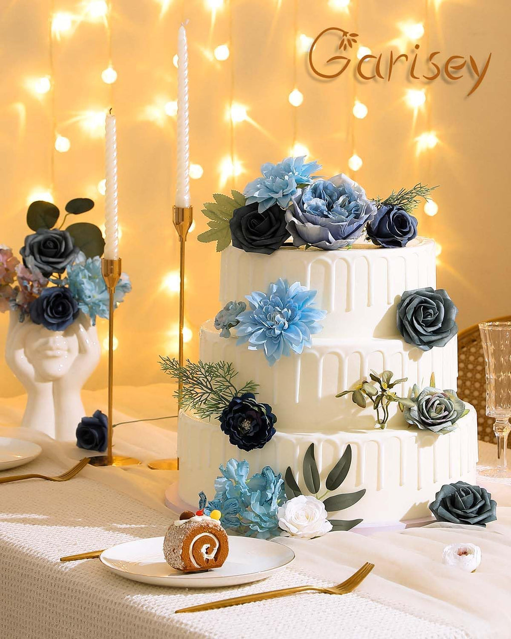 Artificial Flowers Combo Box Set Dusty Blue Flowers for DIY Wedding Bouquet Arrangements Bridal Shower Party Home Decorations(White Blue Rose)