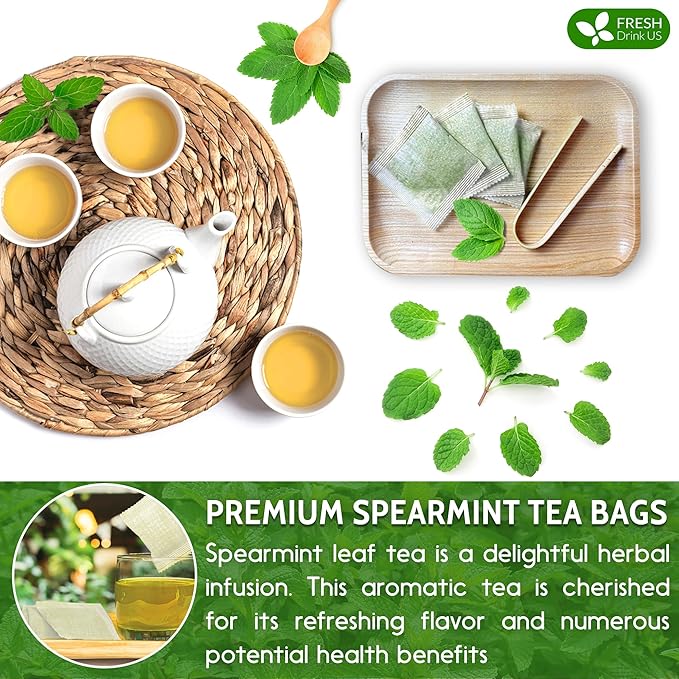 FreshDrinkUS, Premium 135 Spearmint Tea Bags, 100% Natural & Pure Spearmint Leaves. Loose Leaf Spearmint Herbal Tea. Spearmint Leaf Tea. No Sugar, No Caffeine, No Gluten, Vegan.