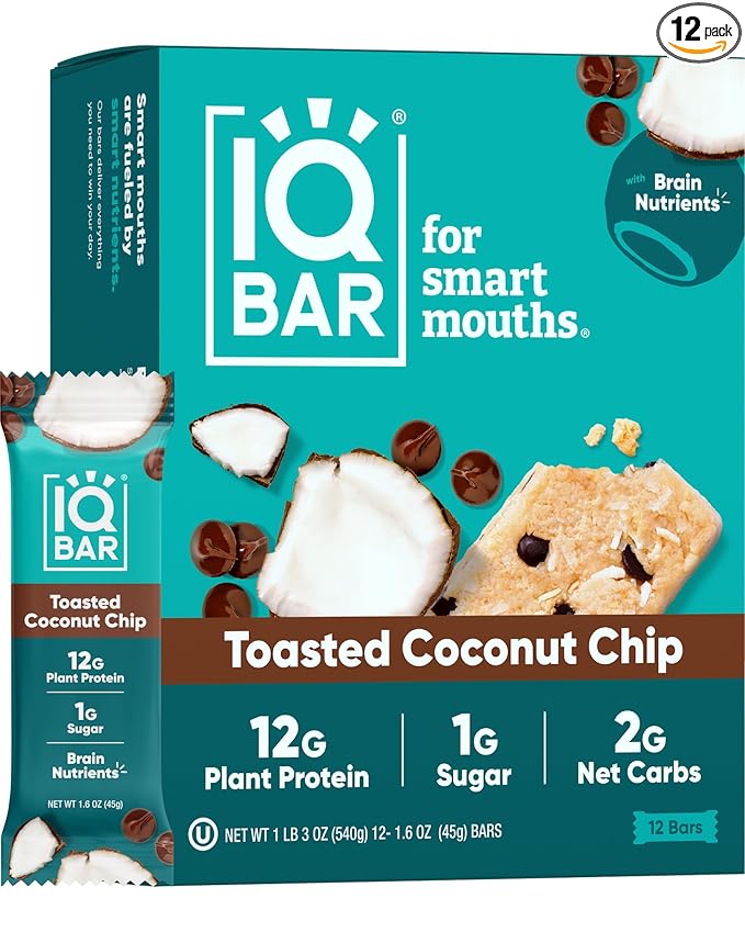 IQBAR Brain and Body Plant Protein Bars - Toasted Coconut Chip - 12-Count Low Carb - Gluten Free, High Fiber, Vegan Snacks - Low Sugar Meal Replacement
