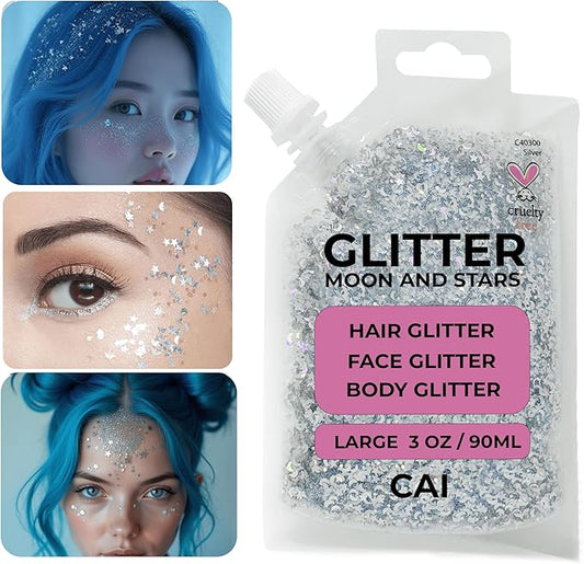 Hair Glitter Gel – Body Glitter for Kids and Women – Iridescent Holograph Cosmetic-Grade Gel w/Moon & Stars for Hair, Body & Face, Applies Smoothly w/o Glue & Washes Off Easily, 3 Oz - Silver 1Pack