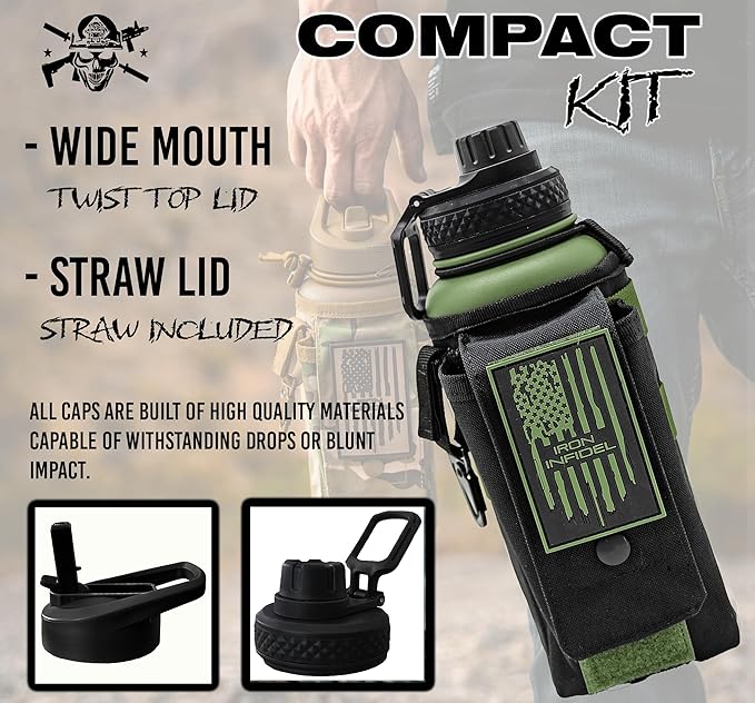 Iron Infidel Battle Bottle - 32 Oz Insulated Water Bottle with Straw Lid & Chug Cap, Stainless Steel Metal Flask Includes Rugged, Removable Sleeve for Keys, Wallet, & Phone (Widowmaker 1 Liter)