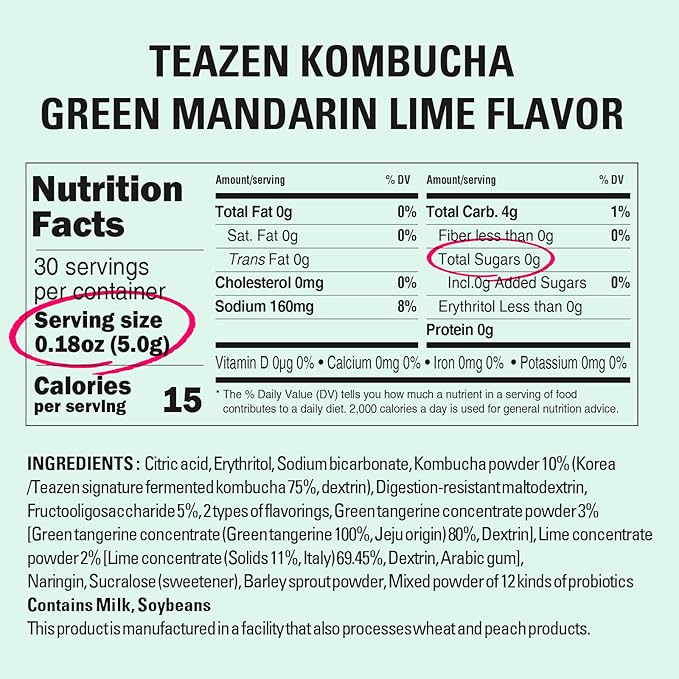 TEAZEN Green Mandarin Lime Kombucha Tea, Hydration Drink Mix, Sugar Free, Live Probiotics & Prebiotics, 30 Sticks, 5.29oz