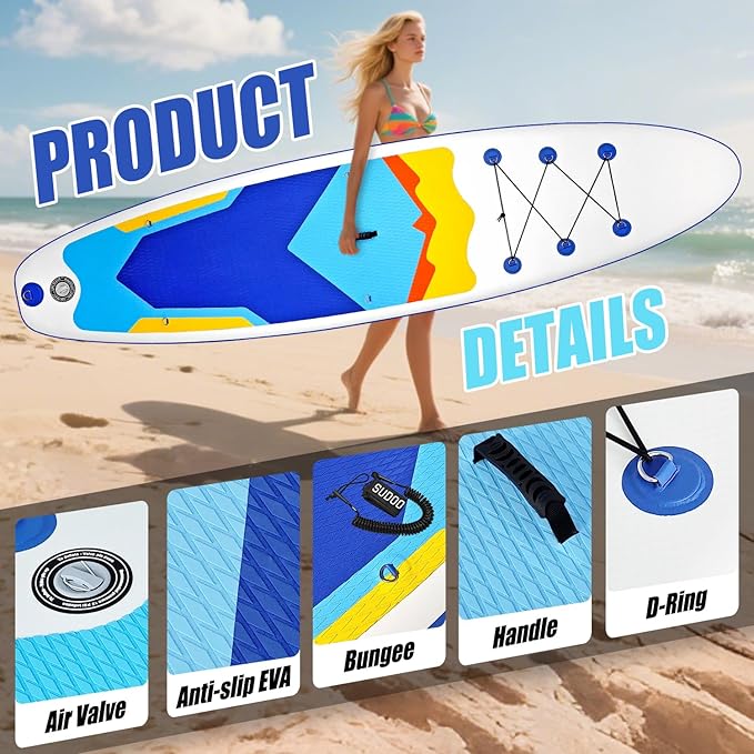 Inflatable Stand Up Paddle Board 10‘x30‘‘- Ultra-Light SUP with Backpack, Pump, Paddle, Coil Leash, 3 Fins, Repair Kit, Stable Design, Non-Slip EVA Deck for Adults & Youth