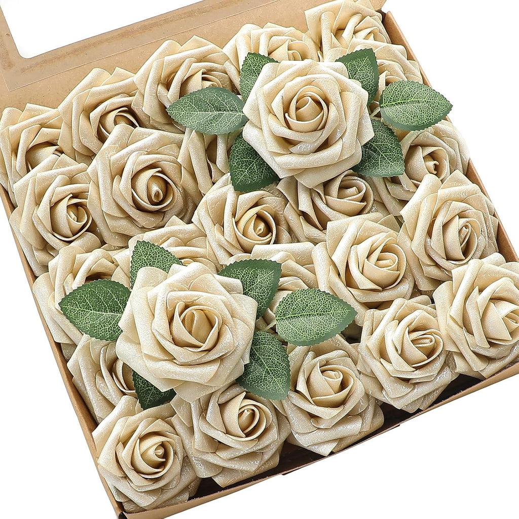 Floroom Artificial Flowers 25pcs Real Looking Champagne Gold Foam Fake Roses with Stems for DIY Wedding Bouquets Bridal Shower Centerpieces Floral Arrangements Party Tables Home Decorations