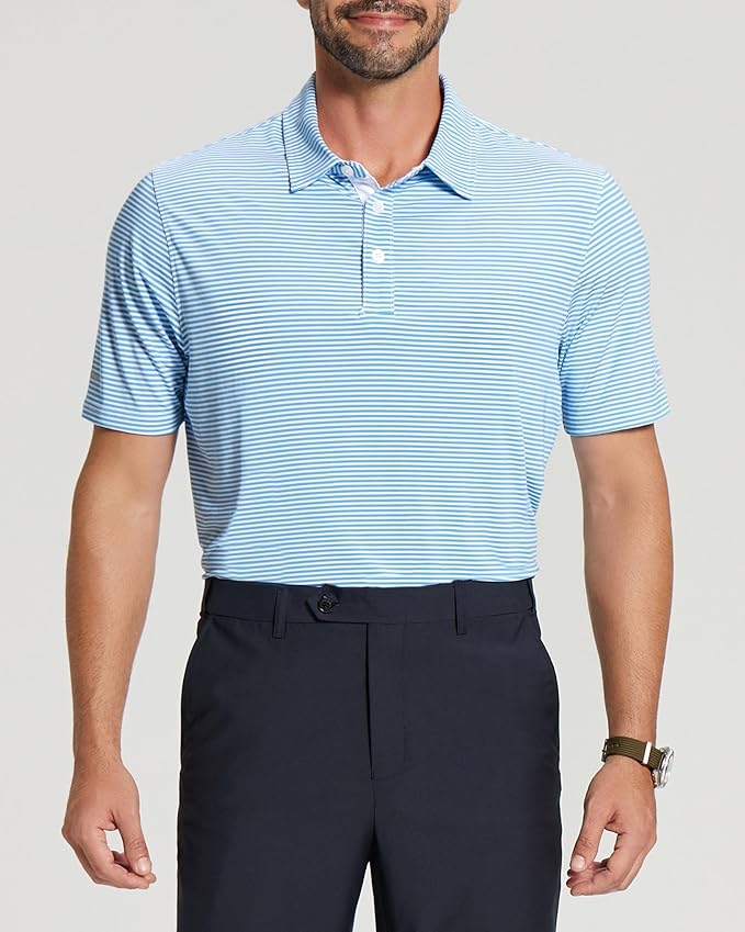 Golf Shirts for Men - Moisture Wicking Short Sleeve Performance Sport Casual Striped Collared Mens Polo Shirt