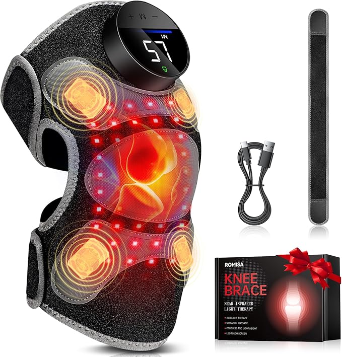Upgraded PRO Red Light Therapy Knee Brace & 4 Vibration Massage - Wireless Rechargeable Controller, 660nm&850nm Red Light Therapy Heated Device for Knee/Elbow/Shoulder Pain
