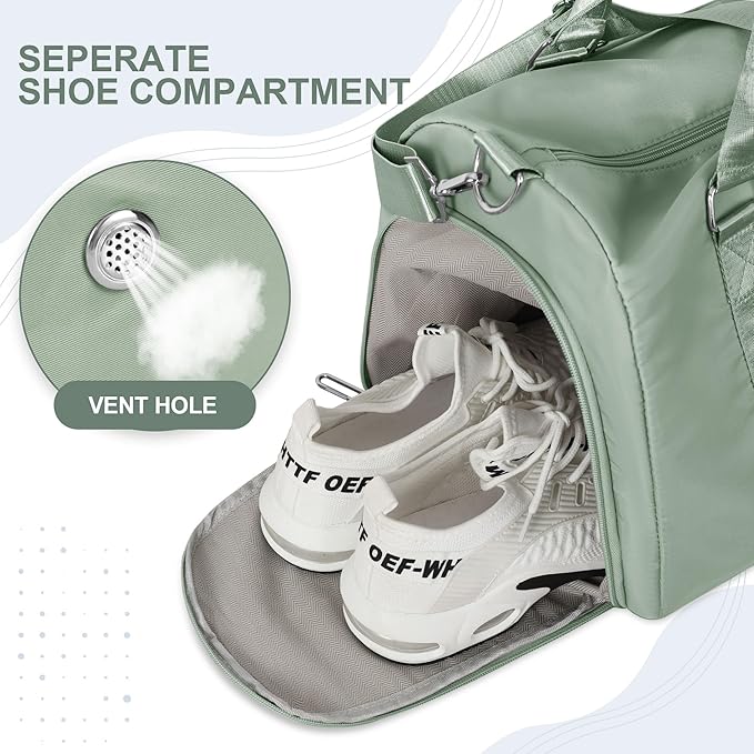 FIORETTO Womens Gym Tote Duffle Bag with Toiletry Bag, Sports Duffel Overnight Hospital Workout Carry on for Girls with Wet Pocket & Shoe Compartment, Ideal for Travel, Swimming, Celadon