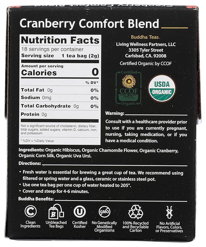 Buddha Teas - Organic Cranberry Comfort Blend - Herbal Tea - For Health & Wellbeing - With Antioxidants & Minerals - Clean Ingredients - Caffeine Free - OU Kosher & Non-GMO - 18 Tea Bags (Pack of 1)