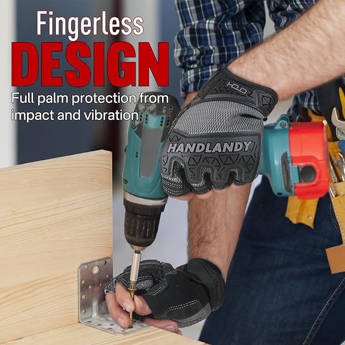 HANDLANDY Fingerless Work Gloves for Men, Padded Half Finger Tactical Mechanics Gloves, Utility Trucker Driver Gloves (Grey, Medium (Pack of 1))