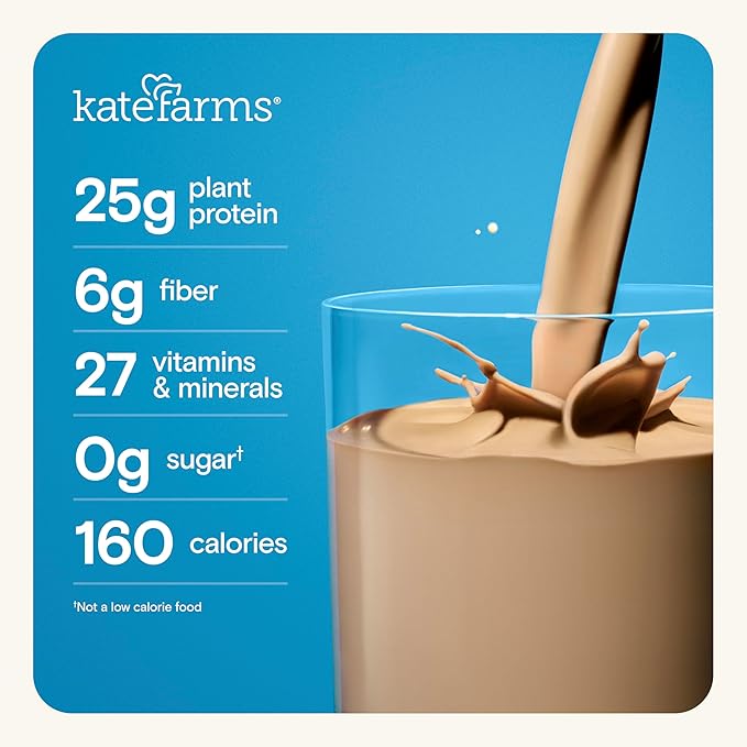 KATE FARMS Organic High Protein Chocolate Nutrition Shake, 25g Protein, 6g Fiber, 27 Vitamins and Minerals, 0g Sugar, Protein Drink, 11 oz (6 Pack)