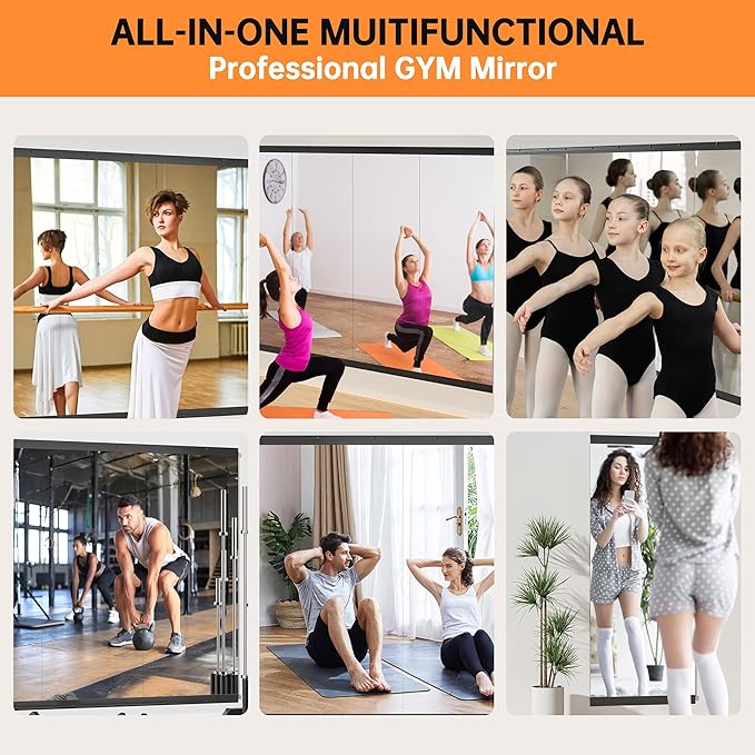 Hasipu 2 Pcs 83''x39'' Home Gym Mirror Large Full Length Wall Mounted Full Body Mirror for Yoga Dance Fitness Exercise Studio Bedroom Garage, Frameless Tempered Glass Workout Mirrors Black Rectangular