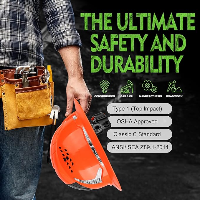 GREEN DEVIL Matrix Full Brim Hard Hat with Headlight Vented Construction Safety Helmet OSHA Approved Cascos De Construccion Work Hardhat for Men&Women