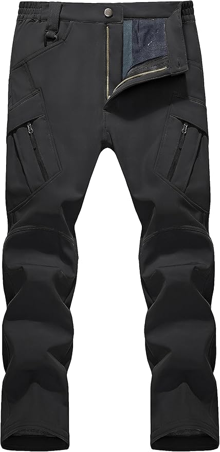 TACVASEN Men's Winter Pants 9 Pockets Fleece Snow Hiking Pants Water-Resistant Warm Softshell Thick Tactical Pants